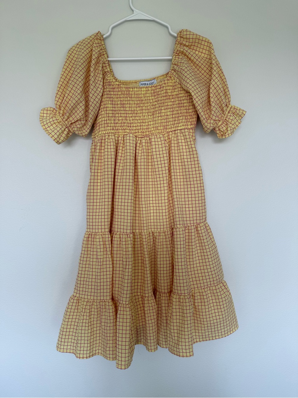 Yellow Gingham Smocked Midi Dress with Puff Sleeves